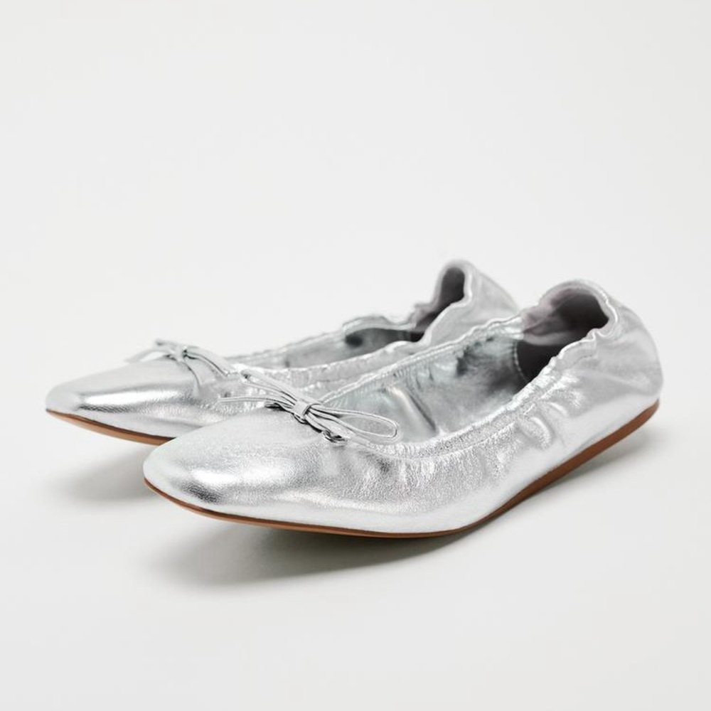 Zara Metallic Gathered Ballet Flats with Bow
